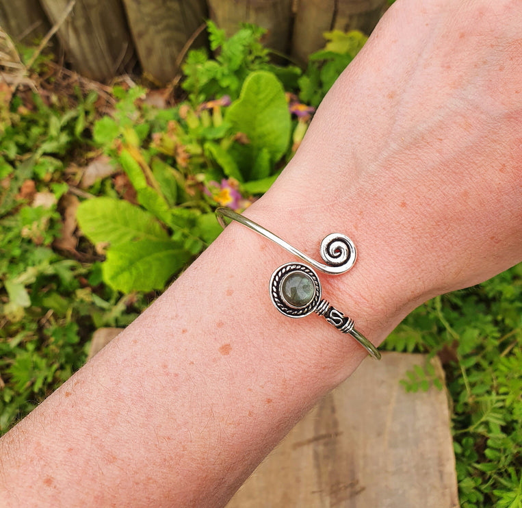 Silver Bracelet & Labradorite / Brass / Adjustable / Spiral / Ethnic / Rustic / Bohemian / Boho / 