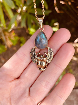 Golden Scarab Necklace / Labradorite / Talisman / Third Eye / Hypoallergenic / Brass / Boho / Inca / Ethnic / Illuminati