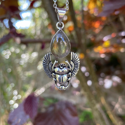 Silver Scarab Necklace / Labradorite / Talisman / Third Eye / Hypoallergenic / Brass / Boho / Inca / Ethnic / Illuminati