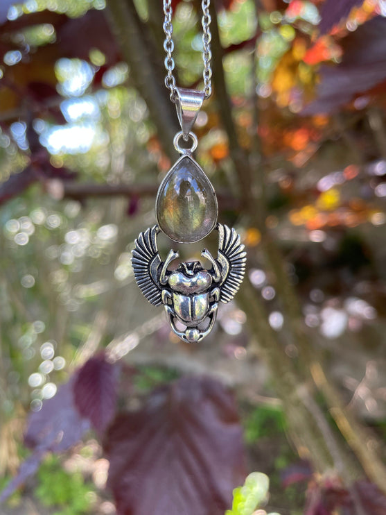 Silver Scarab Necklace / Labradorite / Talisman / Third Eye / Hypoallergenic / Brass / Boho / Inca / Ethnic / Illuminati