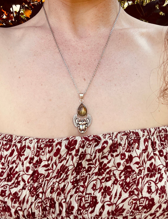 Silver Scarab Necklace / Labradorite / Talisman / Third Eye / Hypoallergenic / Brass / Boho / Inca / Ethnic / Illuminati