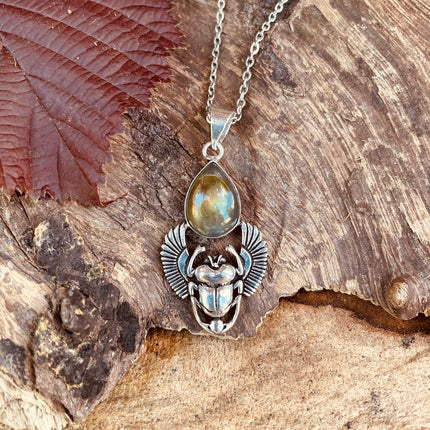 Silver Scarab Necklace / Labradorite / Talisman / Third Eye / Hypoallergenic / Brass / Boho / Inca / Ethnic / Illuminati