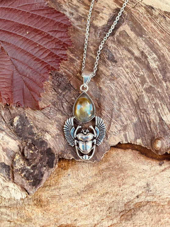 Silver Scarab Necklace / Labradorite / Talisman / Third Eye / Hypoallergenic / Brass / Boho / Inca / Ethnic / Illuminati