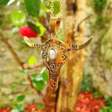 Moonstone Golden Cow Necklace / Talisman / Third Eye / Hypoallergenic / Brass / Boho / Inca / Ethnic / Illuminati