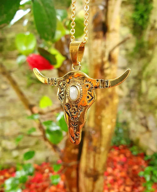 Moonstone Golden Cow Necklace / Talisman / Third Eye / Hypoallergenic / Brass / Boho / Inca / Ethnic / Illuminati