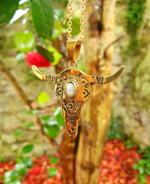 Moonstone Golden Cow Necklace / Talisman / Third Eye / Hypoallergenic / Brass / Boho / Inca / Ethnic / Illuminati