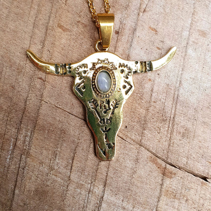 Moonstone Golden Cow Necklace / Talisman / Third Eye / Hypoallergenic / Brass / Boho / Inca / Ethnic / Illuminati