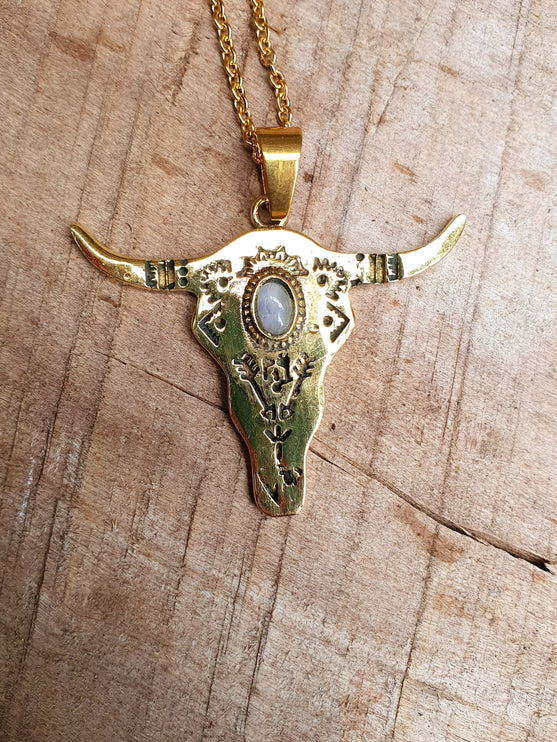 Moonstone Golden Cow Necklace / Talisman / Third Eye / Hypoallergenic / Brass / Boho / Inca / Ethnic / Illuminati