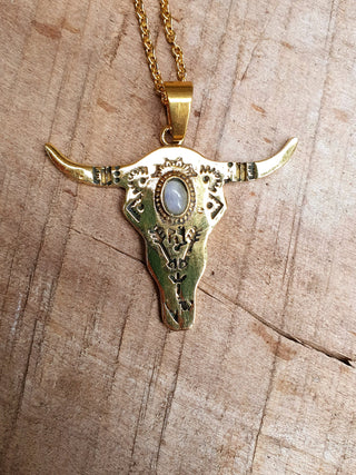 Moonstone Golden Cow Necklace, Stainless Steel Chain, Boho Necklace Gift