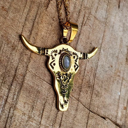 Moonstone Golden Cow Necklace / Talisman / Third Eye / Hypoallergenic / Brass / Boho / Inca / Ethnic / Illuminati