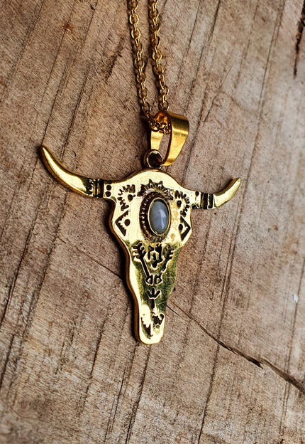Moonstone Golden Cow Necklace / Talisman / Third Eye / Hypoallergenic / Brass / Boho / Inca / Ethnic / Illuminati