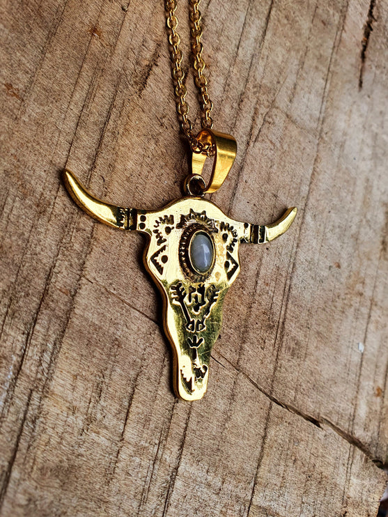 Moonstone Golden Cow Necklace / Talisman / Third Eye / Hypoallergenic / Brass / Boho / Inca / Ethnic / Illuminati