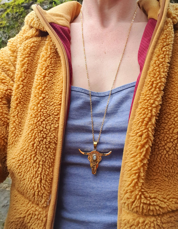 Golden Cow Necklace / Black Onyx / Talisman / Native American / Third Eye / Hypoallergenic / Brass / Boho / Inca / Ethnic / Illuminati