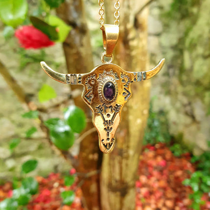 Golden Cow Necklace / Amethyst / Talisman / Native American / Third Eye / Hypoallergenic / Brass / Boho / Inca / Ethnic / Illuminati