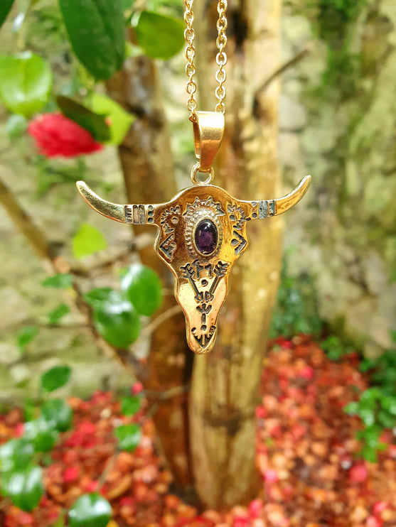 Golden Cow Necklace / Amethyst / Talisman / Native American / Third Eye / Hypoallergenic / Brass / Boho / Inca / Ethnic / Illuminati