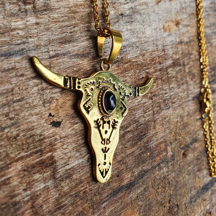 Golden Cow Necklace / Amethyst / Talisman / Native American / Third Eye / Hypoallergenic / Brass / Boho / Inca / Ethnic / Illuminati