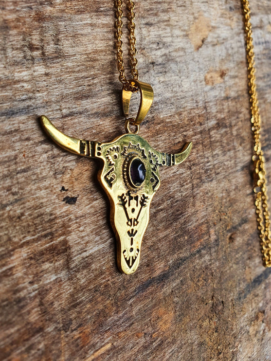 Golden Cow Necklace / Amethyst / Talisman / Native American / Third Eye / Hypoallergenic / Brass / Boho / Inca / Ethnic / Illuminati