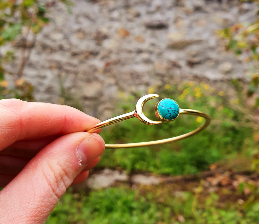 Gold Moon Bracelet / Turquoise / Brass / Bangle / Galaxy / Solar System / Planets / Boho / Adjustable / Hippie / Chic / Sun