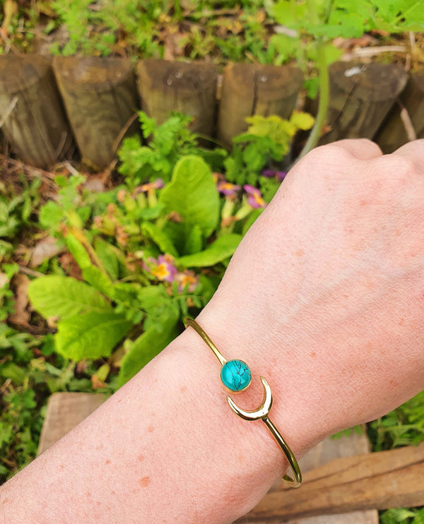 Gold Moon Bracelet / Turquoise / Brass / Bangle / Galaxy / Solar System / Planets / Boho / Adjustable / Hippie / Chic / Sun