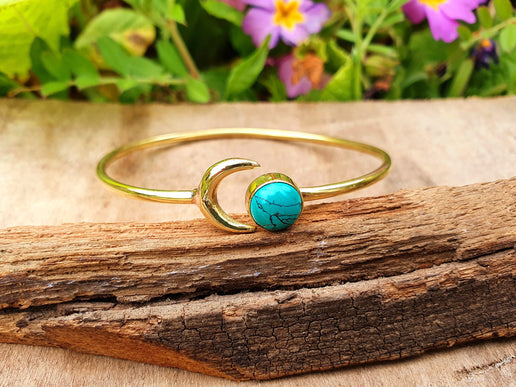 Gold Moon Bracelet / Turquoise / Brass / Bangle / Galaxy / Solar System / Planets / Boho / Adjustable / Hippie / Chic / Sun