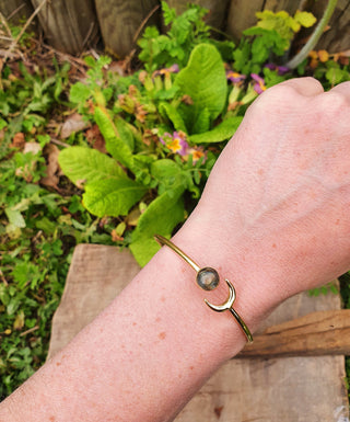 Labradorite Gold Moon Bracelet / Brass / Bangle / Galaxy / Solar System / Planets / Boho / Adjustable / Hippie / Chic / Sun 