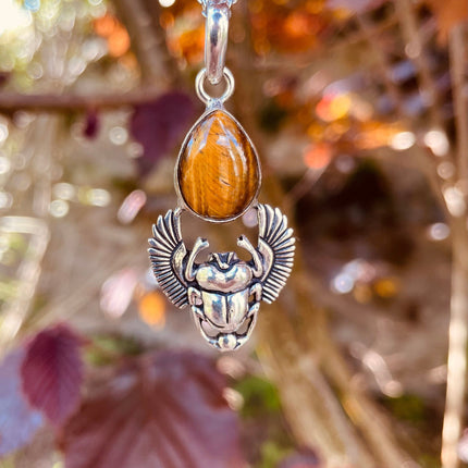 Tiger Eye Silver Necklace Scarab / Talisman / Third Eye / Hypoallergenic / Boho / Inca / Ethnic / Illuminati