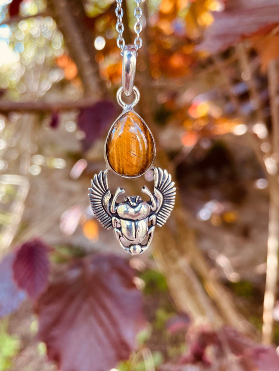 Tiger Eye Silver Necklace Scarab / Talisman / Third Eye / Hypoallergenic / Boho / Inca / Ethnic / Illuminati