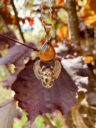 Golden Scarab Necklace / Tiger Eye / Talisman / Third Eye / Hypoallergenic / Brass / Boho / Inca / Ethnic / Illuminati