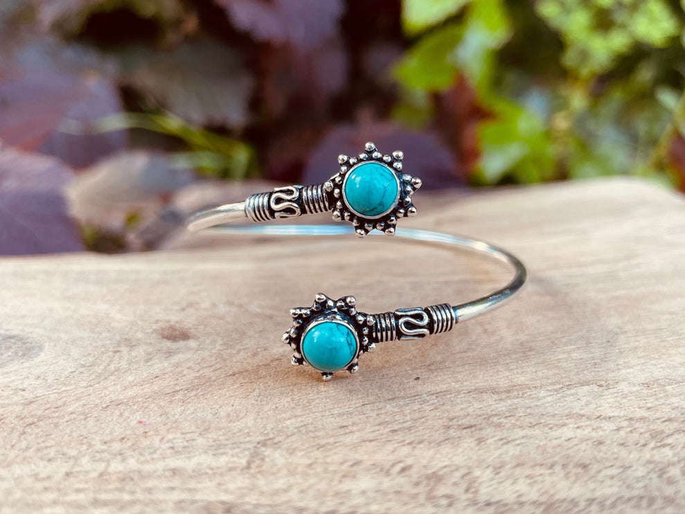 Turquoise Bali Boho Silver Bracelet / Bangle / Ethnic / Rustic / Bohemian / Hippie / Gypsy / Psy / Adjustable