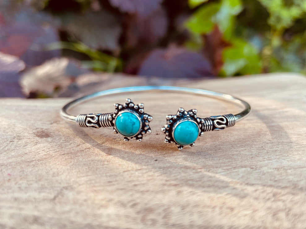 Turquoise Bali Boho Silver Bracelet / Bangle / Ethnic / Rustic / Bohemian / Hippie / Gypsy / Psy / Adjustable