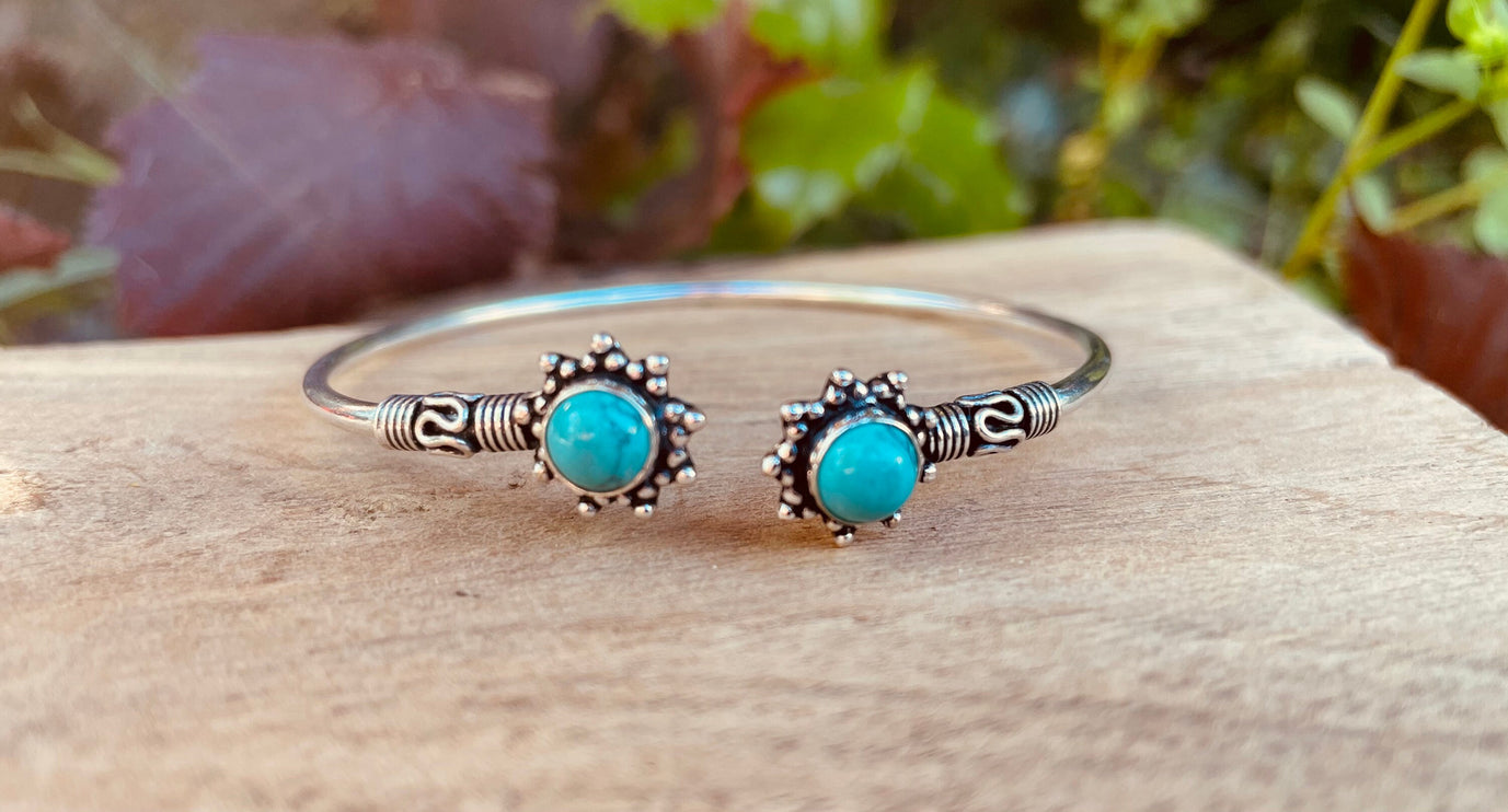 Turquoise Bali Boho Silver Bracelet / Bangle / Ethnic / Rustic / Bohemian / Hippie / Gypsy / Psy / Adjustable