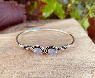 Bali Boho Silver Bracelet / Rose Quartz / Bangle / Ethnic / Rustic / Bohemian / Hippie / Gypsy / Psy / Adjustable