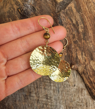 Tiger Eye Contemporary Hammered Brass Dangle earrings Ethnic, rustic, yoga, hippie, gypsy, pretty, psy, bohemian, festival