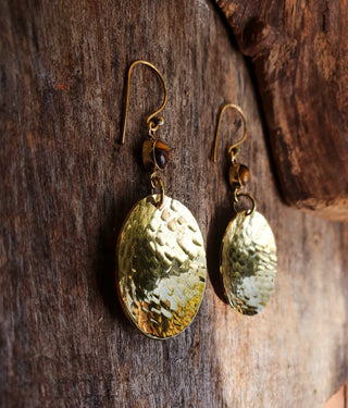 Tiger Eye Contemporary Hammered Brass Dangle earrings Ethnic, rustic, yoga, hippie, gypsy, pretty, psy, bohemian, festival