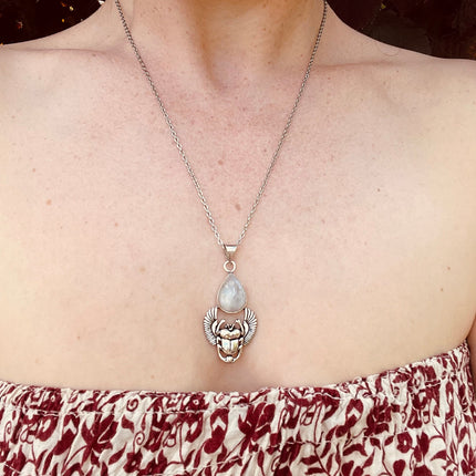 Silver Scarab Necklace / Moonstone / Talisman / Third Eye / Hypoallergenic / Brass / Boho / Inca / Ethnic / Illuminati