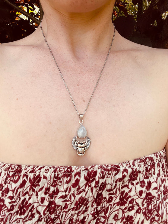 Silver Scarab Necklace / Moonstone / Talisman / Third Eye / Hypoallergenic / Brass / Boho / Inca / Ethnic / Illuminati