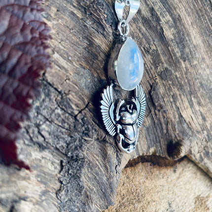 Silver Scarab Necklace / Moonstone / Talisman / Third Eye / Hypoallergenic / Brass / Boho / Inca / Ethnic / Illuminati