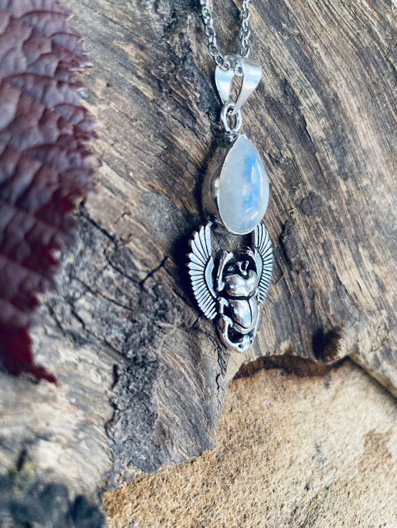 Silver Scarab Necklace / Moonstone / Talisman / Third Eye / Hypoallergenic / Brass / Boho / Inca / Ethnic / Illuminati