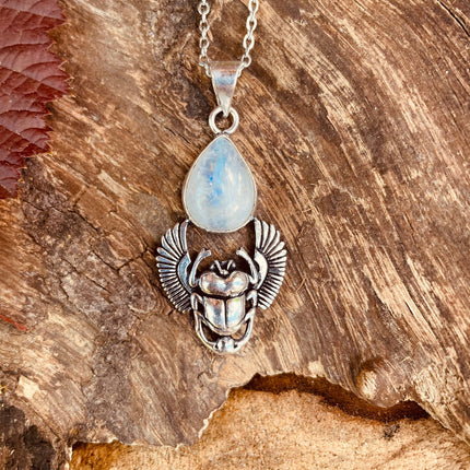 Silver Scarab Necklace / Moonstone / Talisman / Third Eye / Hypoallergenic / Brass / Boho / Inca / Ethnic / Illuminati