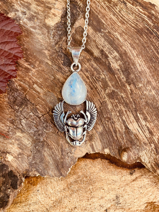 Silver Scarab Necklace / Moonstone / Talisman / Third Eye / Hypoallergenic / Brass / Boho / Inca / Ethnic / Illuminati