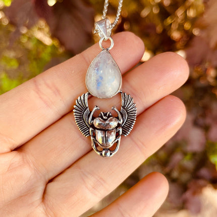 Silver Scarab Necklace / Moonstone / Talisman / Third Eye / Hypoallergenic / Brass / Boho / Inca / Ethnic / Illuminati