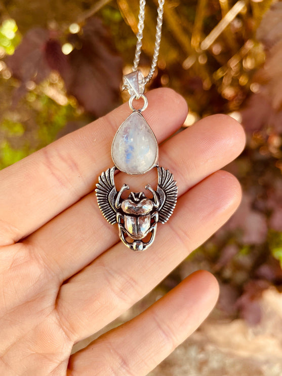 Silver Scarab Necklace / Moonstone / Talisman / Third Eye / Hypoallergenic / Brass / Boho / Inca / Ethnic / Illuminati