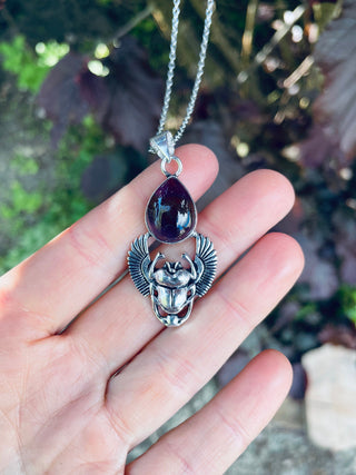 Silver Scarab Necklace / Amethyst / Talisman / Third Eye / Hypoallergenic / Brass / Boho / Inca / Ethnic / Illuminati