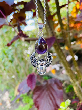 Silver Scarab Necklace / Amethyst / Talisman / Third Eye / Hypoallergenic / Brass / Boho / Inca / Ethnic / Illuminati