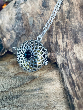 Silver Bola Necklace Brass & Black Onyx / Pregnancy / Hypoallergenic / Harmony Ball / Chimes / Bell / Vegan / Ethnic / Boho / Hippie / 