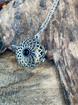 Silver Bola Necklace Brass & Black Onyx / Pregnancy / Hypoallergenic / Harmony Ball / Chimes / Bell / Vegan / Ethnic / Boho / Hippie /