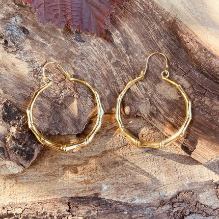 Golden Bamboo Hoop Earrings; Ethnic, Geometric, Small, Rustic, Yoga, Hippie, Gypsy, Pretty, Ssy, Boho, Bohemian, Festival