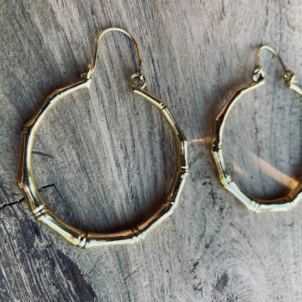 Golden Bamboo Hoop Earrings; Ethnic, Geometric, Small, Rustic, Yoga, Hippie, Gypsy, Pretty, Ssy, Boho, Bohemian, Festival