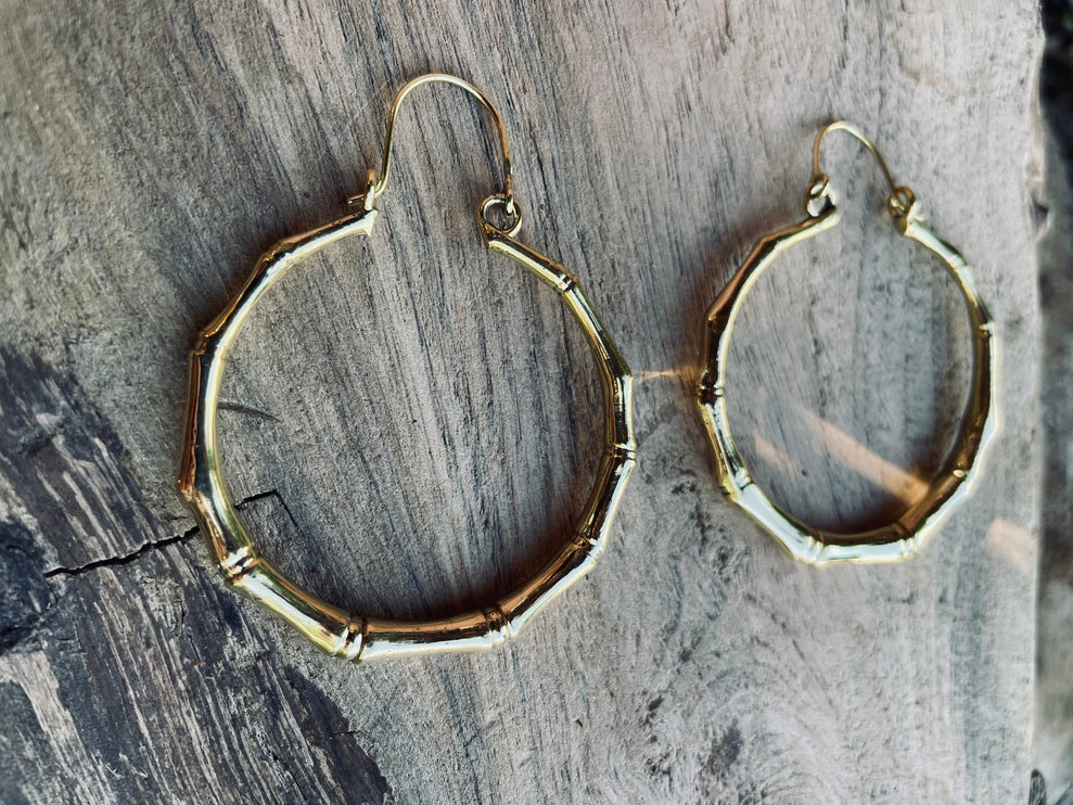 Golden Bamboo Hoop Earrings; Ethnic, Geometric, Small, Rustic, Yoga, Hippie, Gypsy, Pretty, Ssy, Boho, Bohemian, Festival