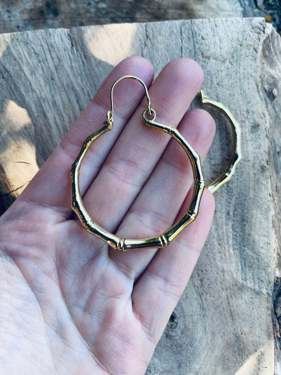 Golden Bamboo Hoop Earrings; Ethnic, Geometric, Small, Rustic, Yoga, Hippie, Gypsy, Pretty, Ssy, Boho, Bohemian, Festival